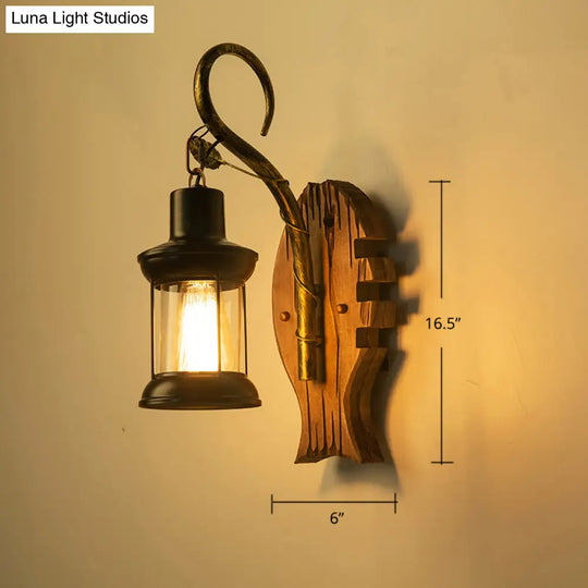 Geometric Country Style Wooden Wall Sconce - Brown Light Fixture For Corridor