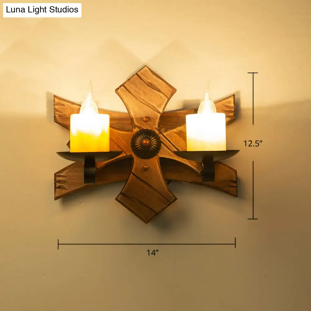 Geometric Country Style Wooden Wall Sconce - Brown Light Fixture For Corridor