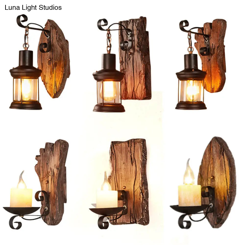 Geometric Country Style Wooden Wall Sconce - Brown Light Fixture For Corridor