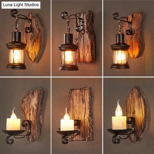 Geometric Country Style Wooden Wall Sconce - Brown Light Fixture For Corridor