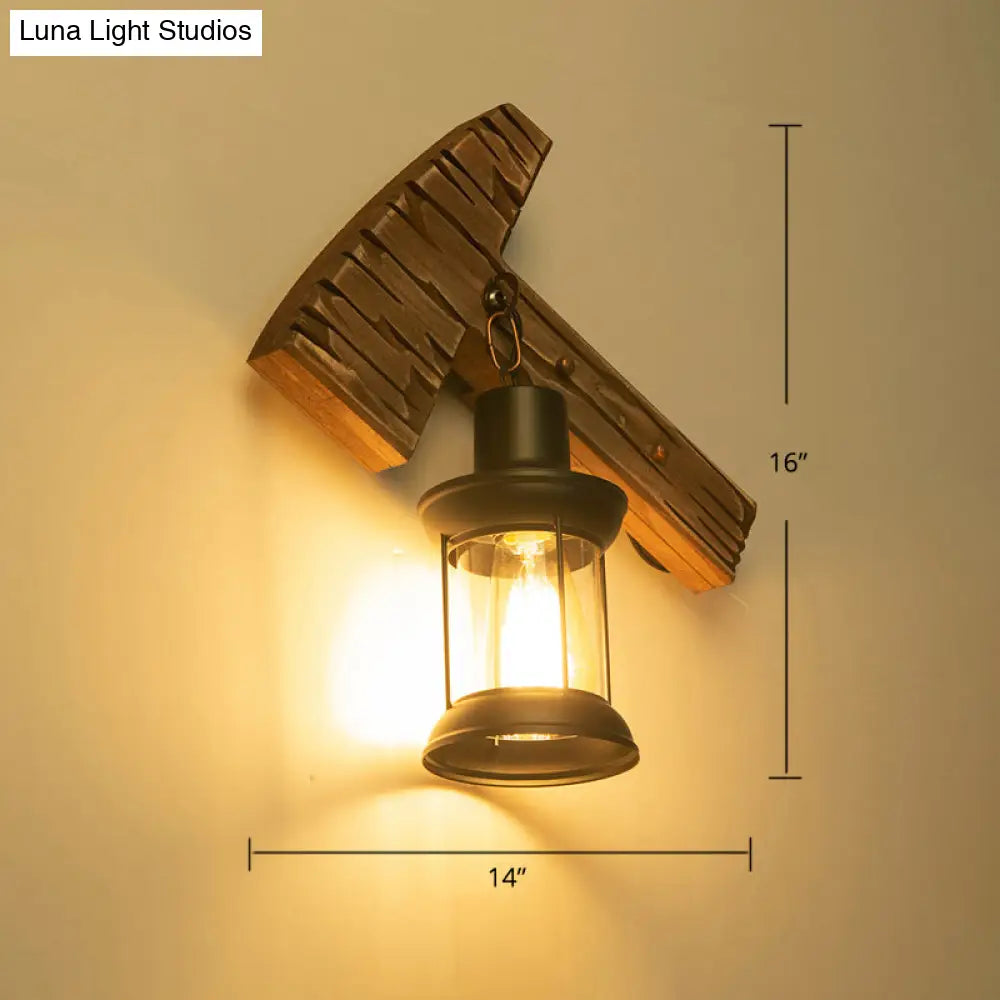 Geometric Country Style Wooden Wall Sconce - Brown Light Fixture For Corridor