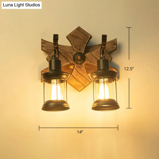 Geometric Country Style Wooden Wall Sconce - Brown Light Fixture For Corridor