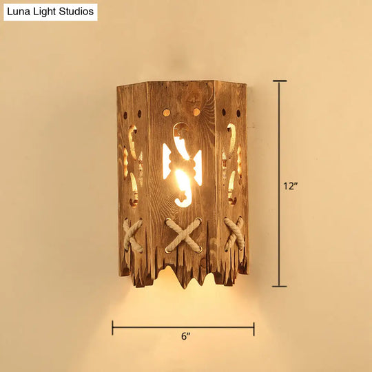 Geometric Country Style Wooden Wall Sconce - Brown Light Fixture For Corridor