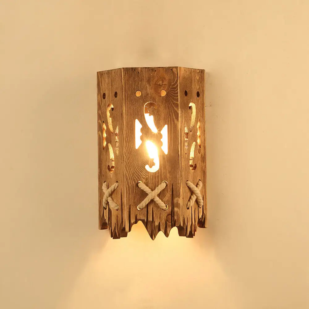 Geometric Country Style Wooden Wall Sconce - Brown Light Fixture For Corridor / Lantern