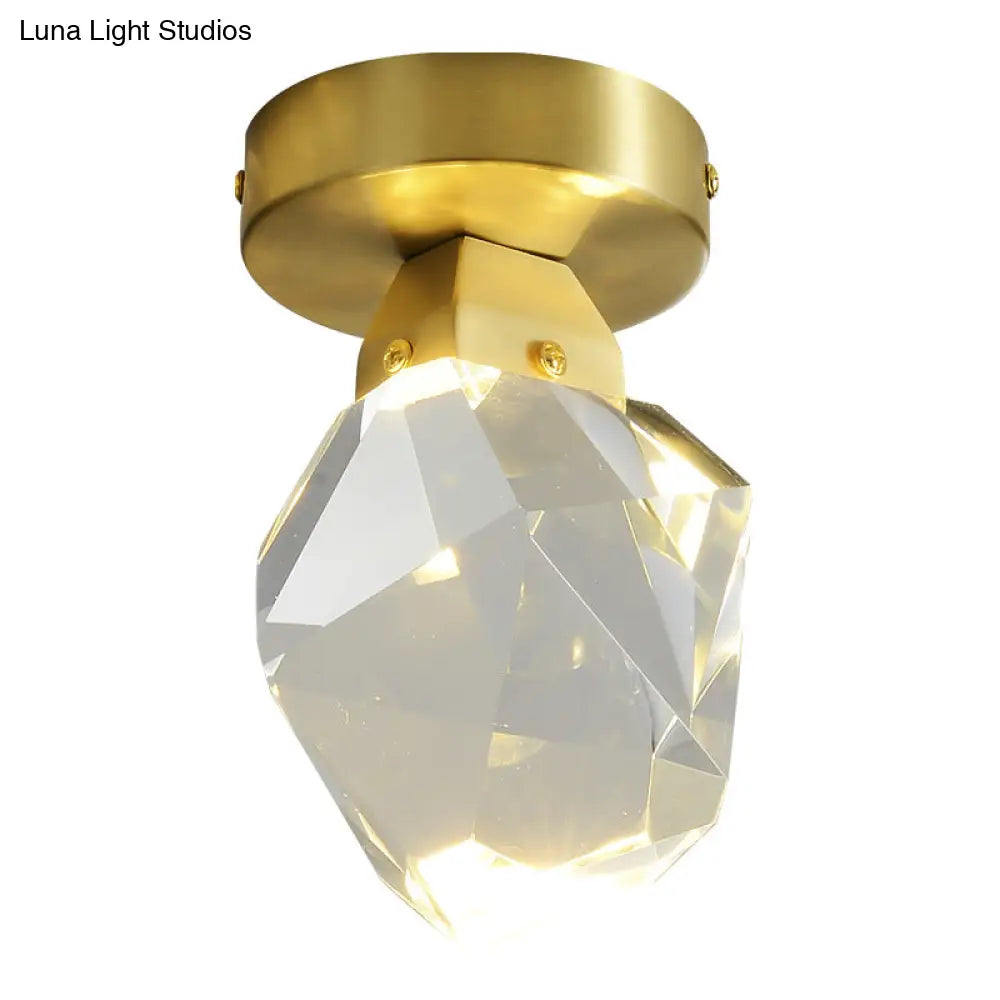 Geometric Crystal Block Led Flush Ceiling Light In Brass - Minimalist Mount Spotlight