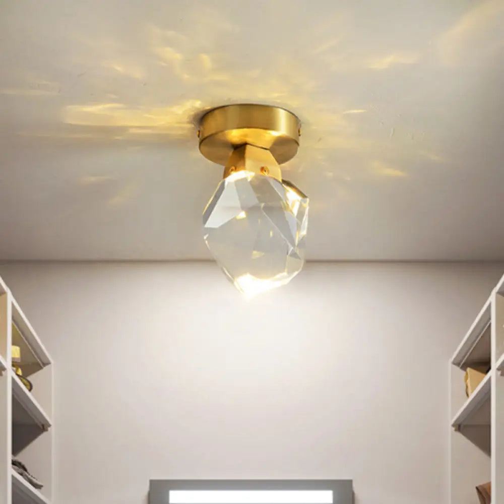 Geometric Crystal Block Led Flush Ceiling Light In Brass - Minimalist Mount Spotlight