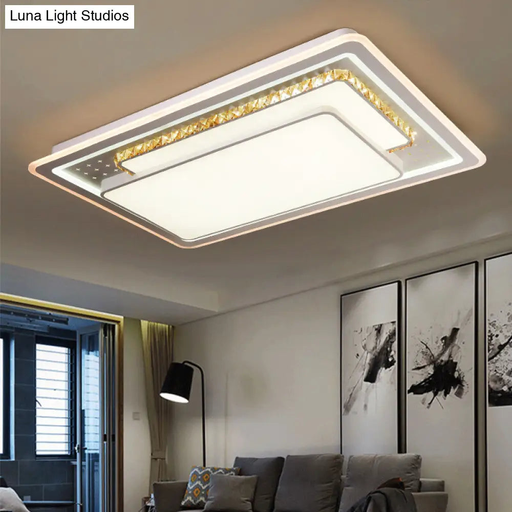 Geometric Crystal Led Ceiling Light For Living Room: Minimal Rectangle Flush Mount With Leaf Pattern