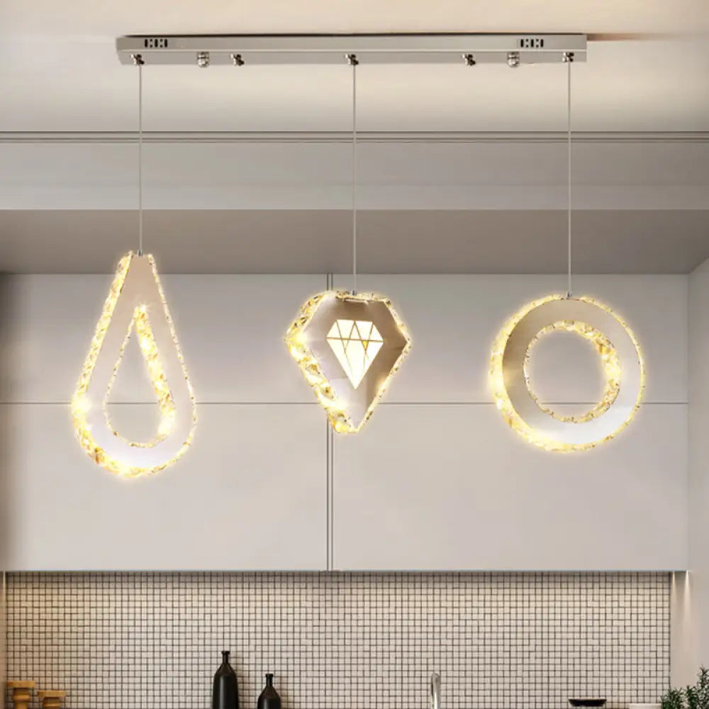 Geometric Crystal Led Pendant Light For Modern Dining Rooms In Stainless-Steel 3 / Linear