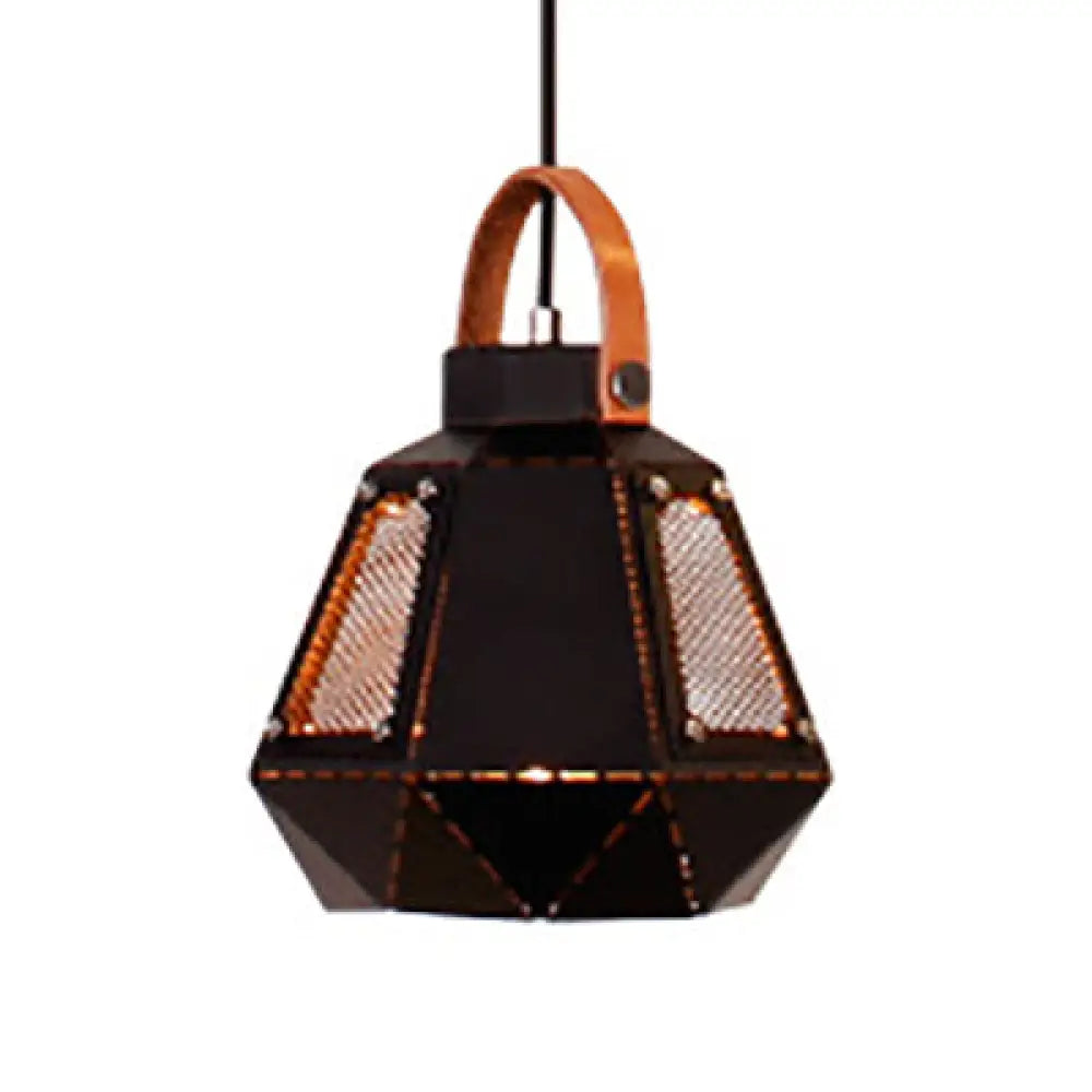 Geometric Dining Room Hanging Light - Industrial Loft Metal Pendant Lamp With Leather Strap 1 Head