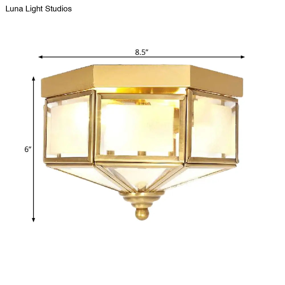 Geometric Flush Light Fixture With Frosted Glass In Brass - Ideal For Balcony Or Ceiling Mounting