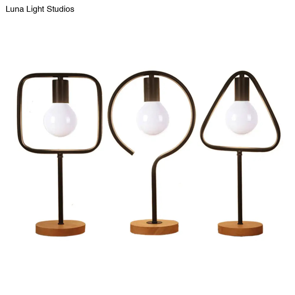 Geometric Frame Metal Table Lamp With Round Wooden Base - Stylish Industrial Bedside Night Light