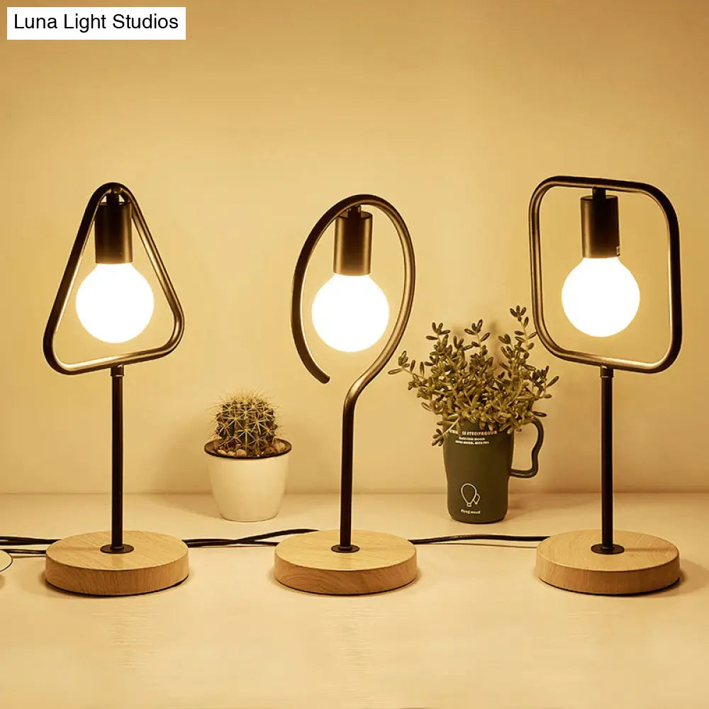 Geometric Frame Metal Table Lamp With Round Wooden Base - Stylish Industrial Bedside Night Light