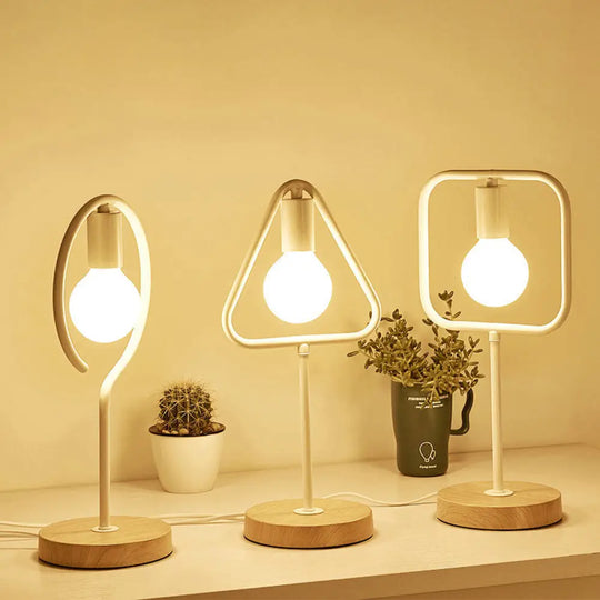 Geometric Frame Metal Table Lamp With Round Wooden Base - Stylish Industrial Bedside Night Light