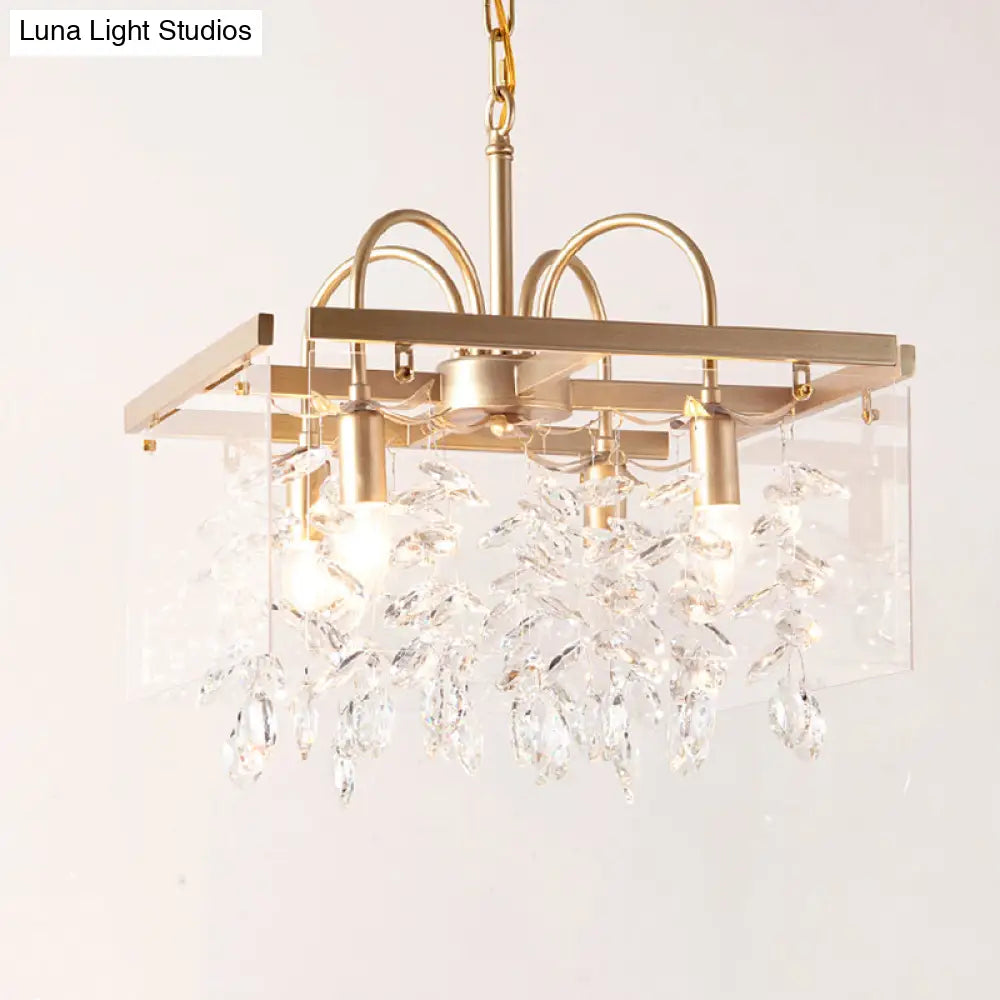 Geometric Gold Chandelier With Antique Metal Finish And Crystal Drops - Elegant Dining Room Hanging