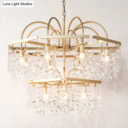 Geometric Gold Chandelier With Antique Metal Finish And Crystal Drops - Elegant Dining Room Hanging