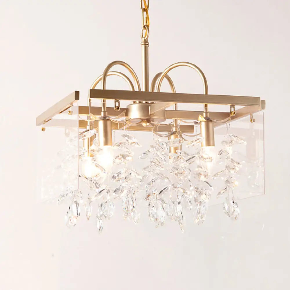 Geometric Gold Chandelier With Antique Metal Finish And Crystal Drops - Elegant Dining Room Hanging