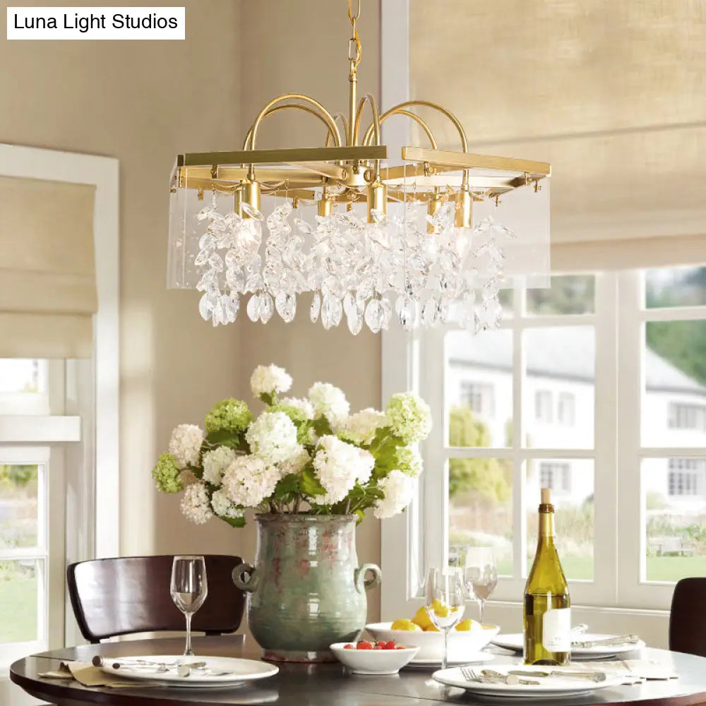 Geometric Gold Chandelier With Antique Metal Finish And Crystal Drops - Elegant Dining Room Hanging