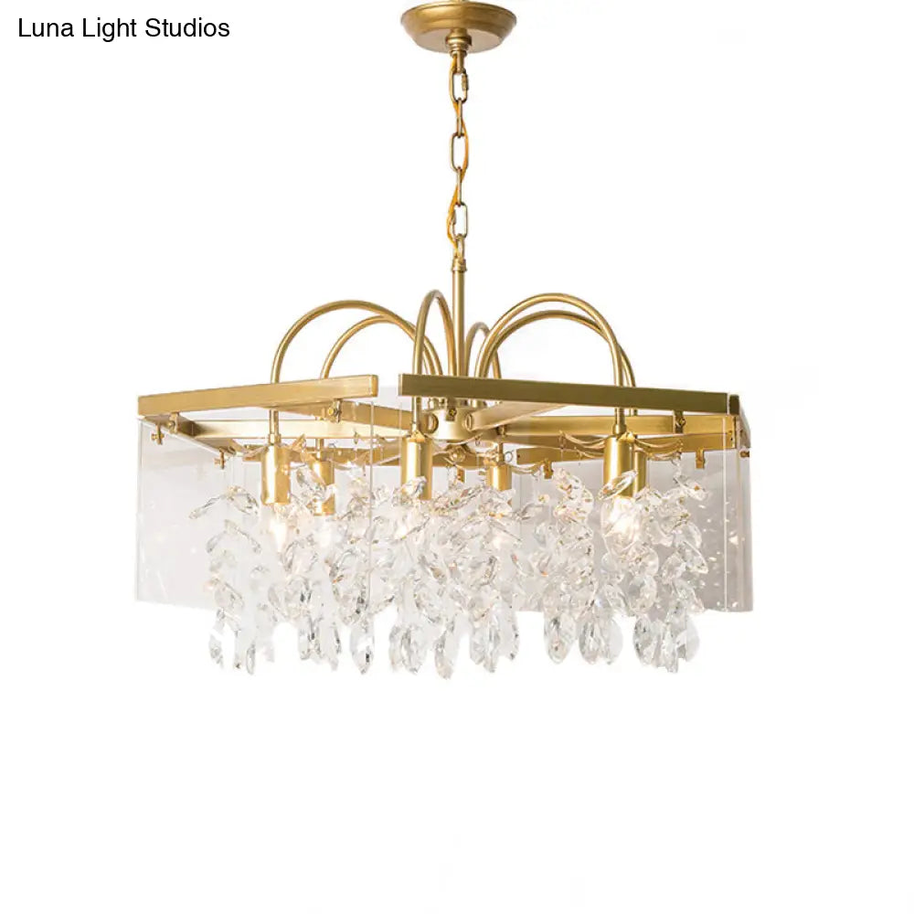 Geometric Gold Chandelier With Antique Metal Finish And Crystal Drops - Elegant Dining Room Hanging