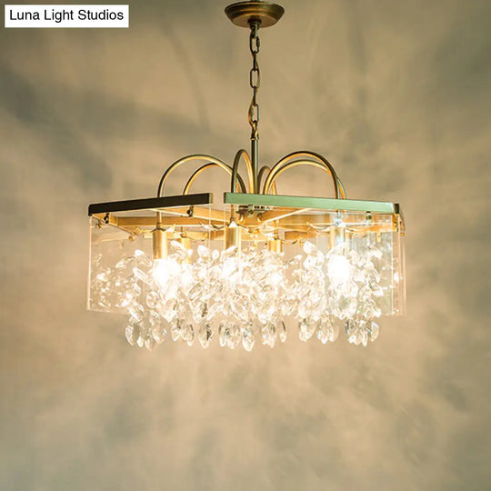 Geometric Gold Chandelier With Antique Metal Finish And Crystal Drops - Elegant Dining Room Hanging