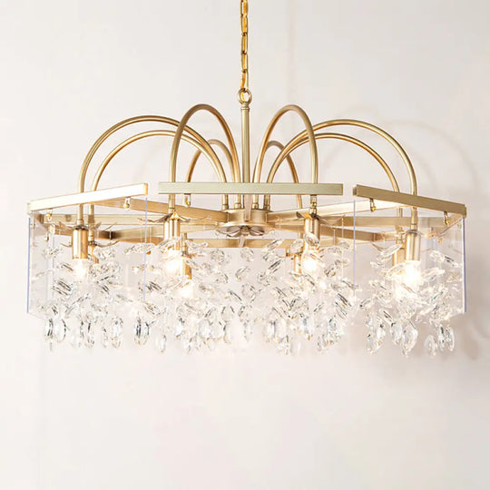 Geometric Gold Chandelier With Antique Metal Finish And Crystal Drops - Elegant Dining Room Hanging