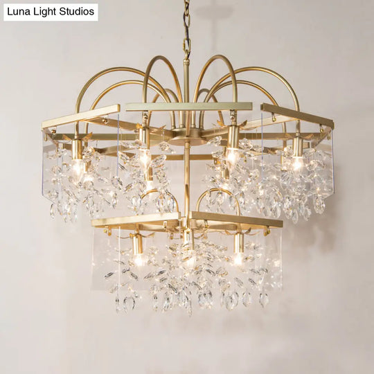 Geometric Gold Chandelier With Antique Metal Finish And Crystal Drops - Elegant Dining Room Hanging