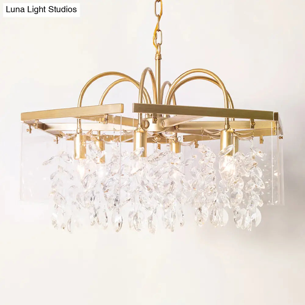 Geometric Gold Chandelier With Antique Metal Finish And Crystal Drops - Elegant Dining Room Hanging