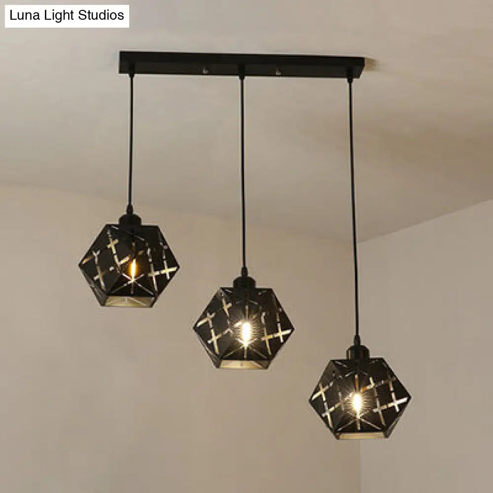 Industrial Geometric Pendant Light With Carved Metal Shade - 3 Lights Kitchen Hanging Lamp Black /