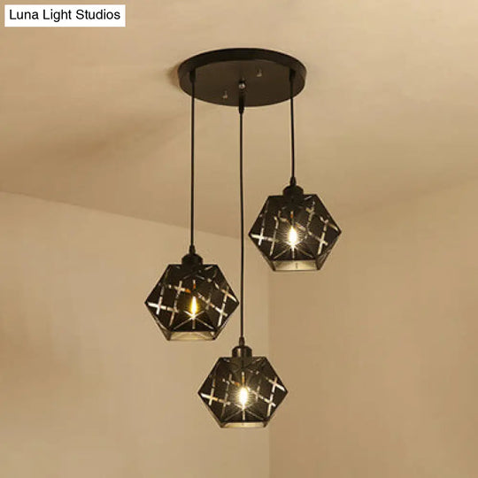 Industrial Geometric Pendant Light With Carved Metal Shade - 3 Lights Kitchen Hanging Lamp Black /