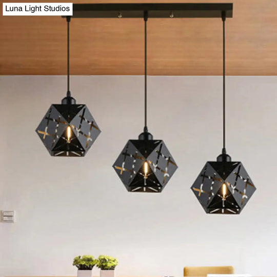 Industrial Geometric Pendant Light With Carved Metal Shade - 3 Lights Kitchen Hanging Lamp