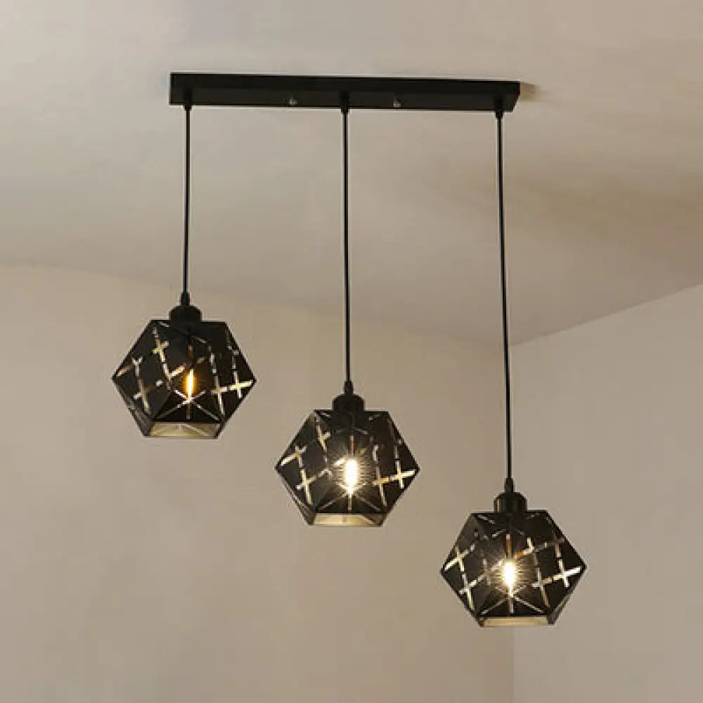 Geometric Hanging Lamp: Carved Metal Shade Industrial Style 3 Lights For Kitchen Pendant Lighting