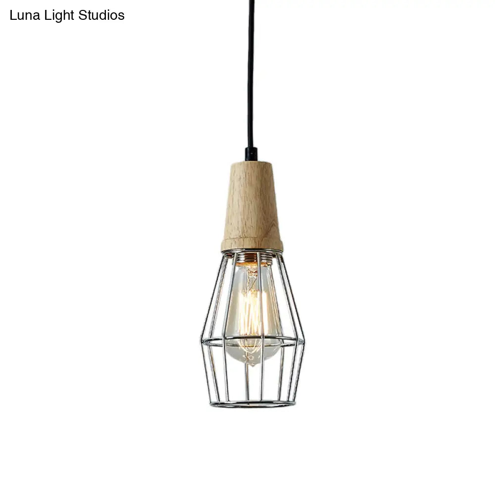 Industrial Style 1-Light Ceiling Pendant Lamp With Geometric Cage Design Wooden Top In