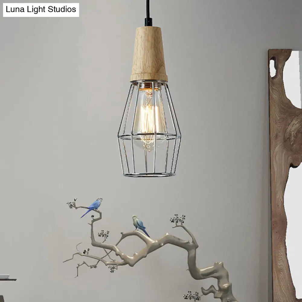 Industrial Style 1-Light Ceiling Pendant Lamp With Geometric Cage Design Wooden Top In