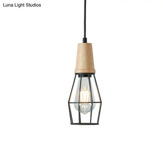 Geometric Iron Pendant Lamp With Wooden Top - Industrial Style Ceiling Light For Bedroom