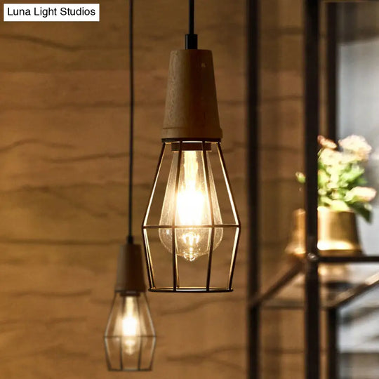 Industrial Style 1-Light Ceiling Pendant Lamp With Geometric Cage Design Wooden Top In