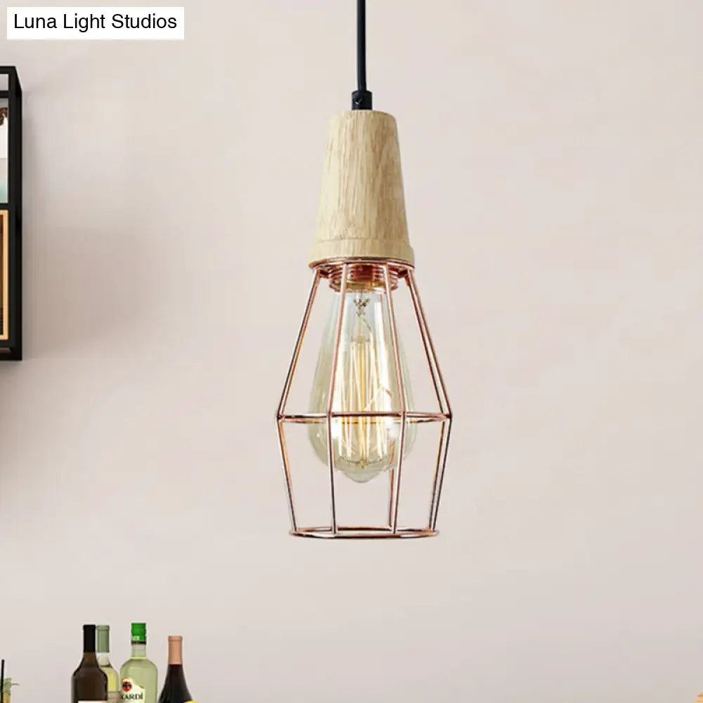 Industrial Style 1-Light Ceiling Pendant Lamp With Geometric Cage Design Wooden Top In