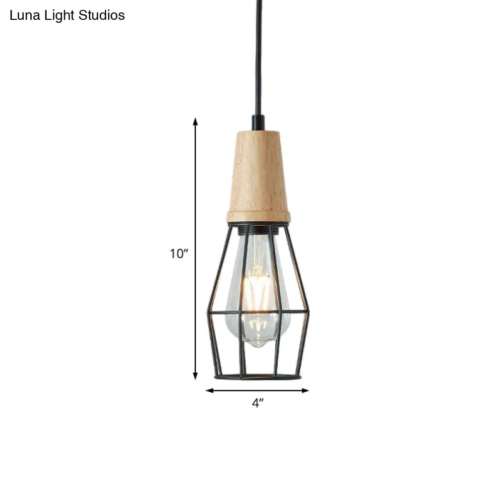 Geometric Iron Pendant Lamp With Wooden Top - Industrial Style Ceiling Light For Bedroom