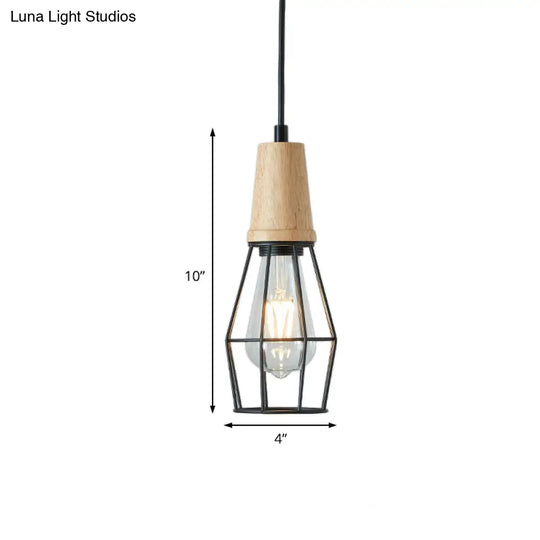 Geometric Iron Pendant Lamp With Wooden Top - Industrial Style Ceiling Light For Bedroom