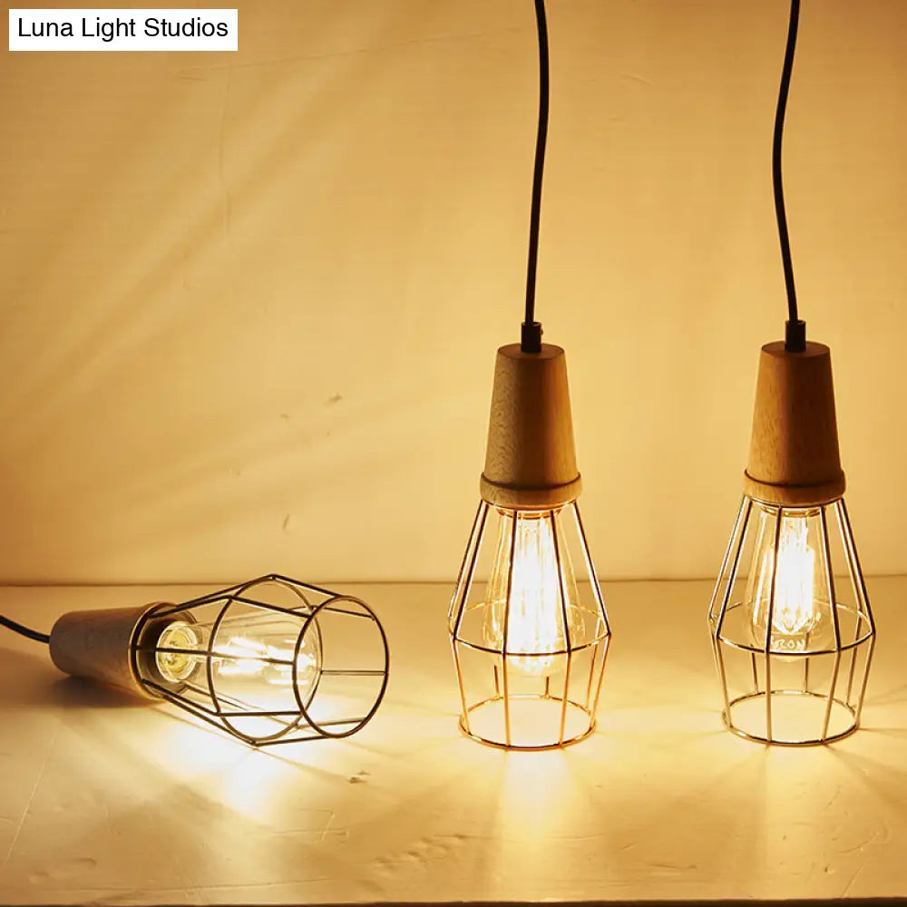 Industrial Style 1-Light Ceiling Pendant Lamp With Geometric Cage Design Wooden Top In