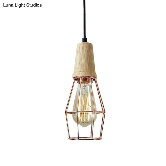 Industrial Style 1-Light Ceiling Pendant Lamp With Geometric Cage Design Wooden Top In