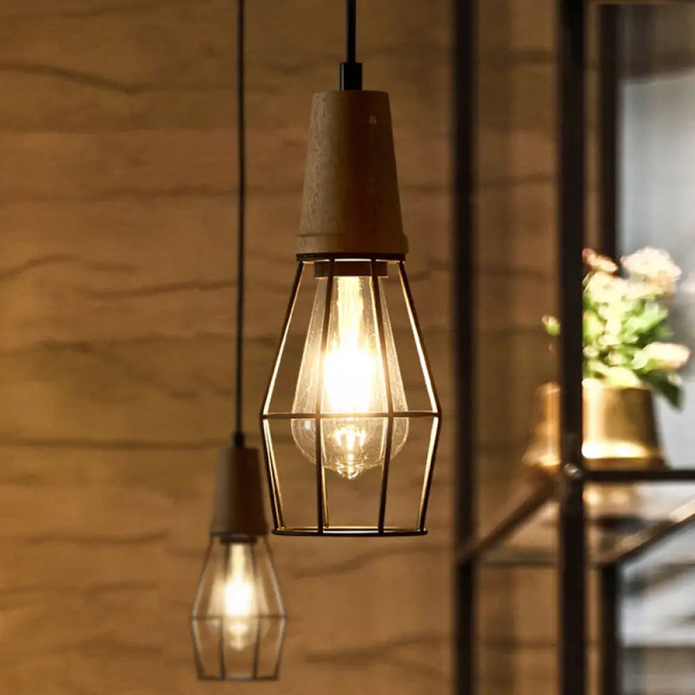 Geometric Iron Pendant Lamp With Wooden Top - Industrial Style Ceiling Light For Bedroom Black