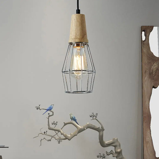 Geometric Iron Pendant Lamp With Wooden Top - Industrial Style Ceiling Light For Bedroom Chrome