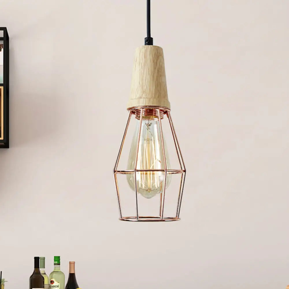 Geometric Iron Pendant Lamp With Wooden Top - Industrial Style Ceiling Light For Bedroom Copper