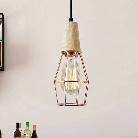 Geometric Iron Pendant Lamp With Wooden Top - Industrial Style Ceiling Light For Bedroom Copper