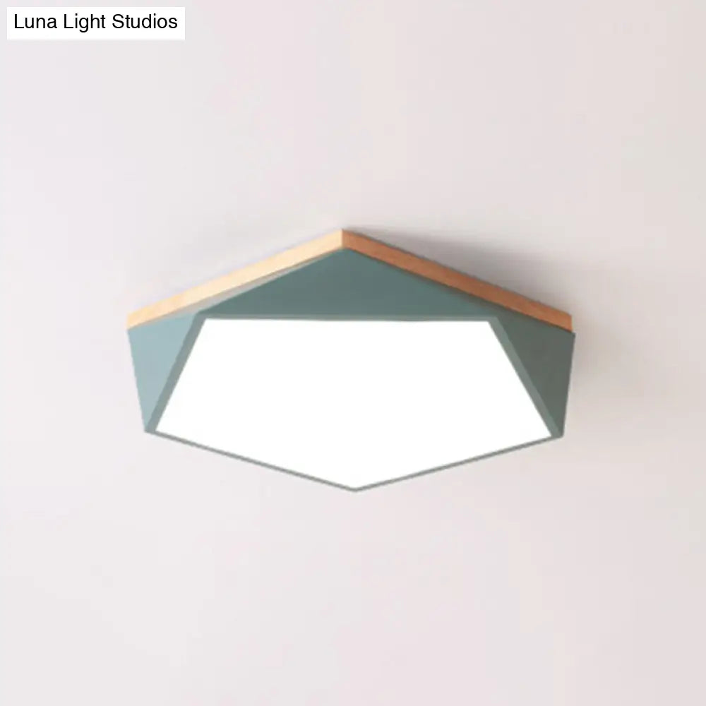 Geometric Led Ceiling Light With Wood Accent - Modern Acrylic Flush Mount For Bedroom Green / 16.5