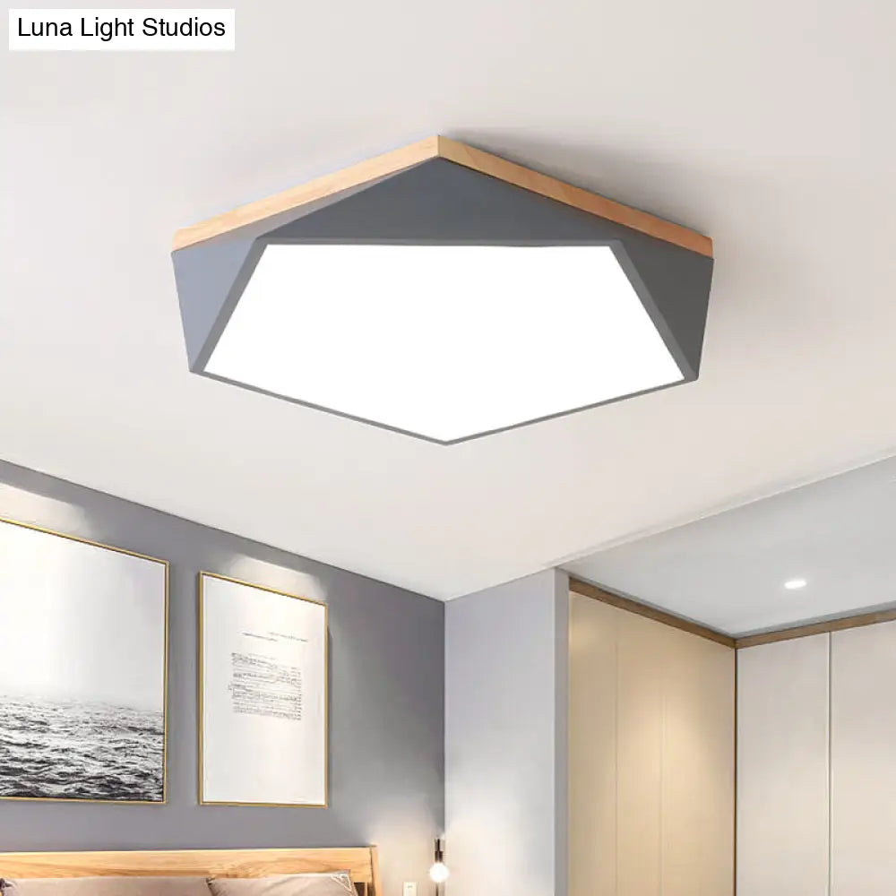 Geometric Led Ceiling Light With Wood Accent - Modern Acrylic Flush Mount For Bedroom