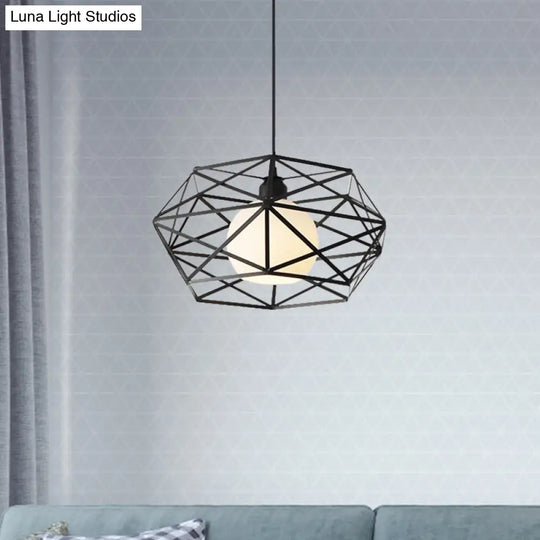 Geometric Metal Cage Pendant Light For Industrial Dining Rooms - Black/White