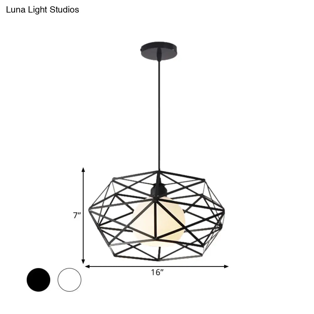 Geometric Metal Cage Pendant Light For Industrial Dining Rooms - Black/White