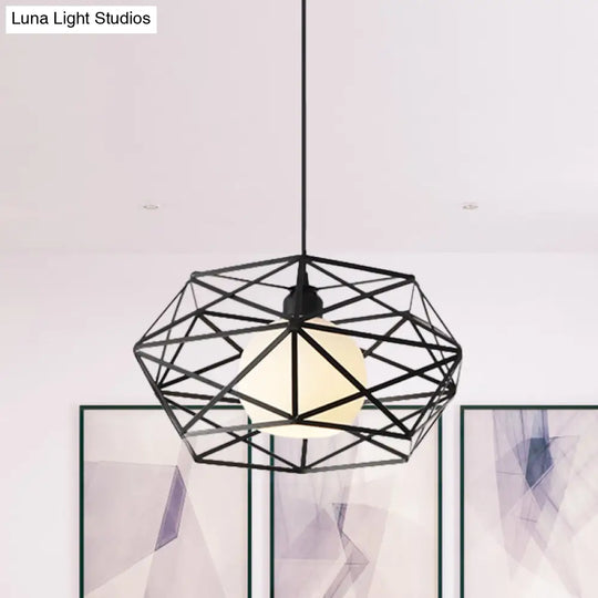 Geometric Metal Cage Pendant Light For Industrial Dining Rooms - Black/White