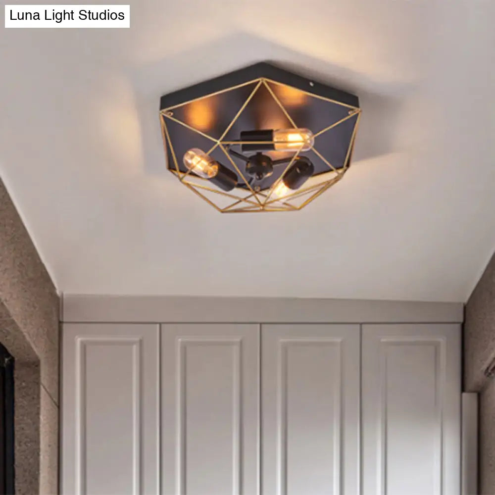 Geometric Metal Flush Ceiling Light With 3 Industrial Black Mounts