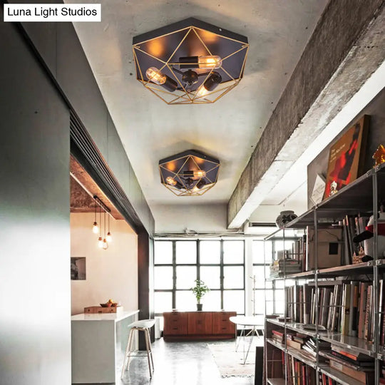 Geometric Metal Flush Ceiling Light With 3 Industrial Black Mounts